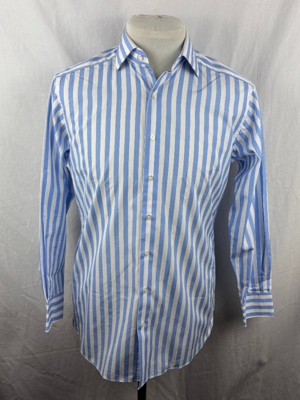 Proper Cloth Stanton 120s Light Blue Wide Stripe Dress Shirt Men's Medium Slim
